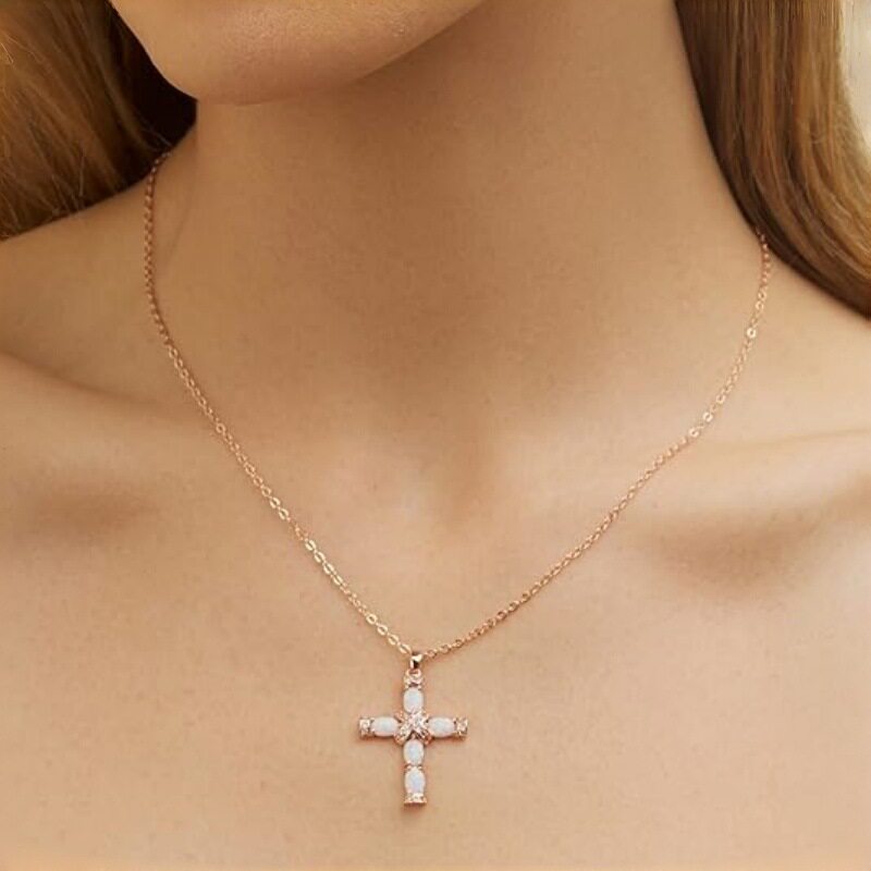 New Design White Imitation Opal Cross Pendant Necklace for Women Silver Jewelry