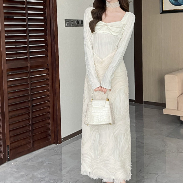 French Romantic White Textured Knit Dress Square Neck Long Sleeve Waist Cinching Elegant Evening Wear for Fall and