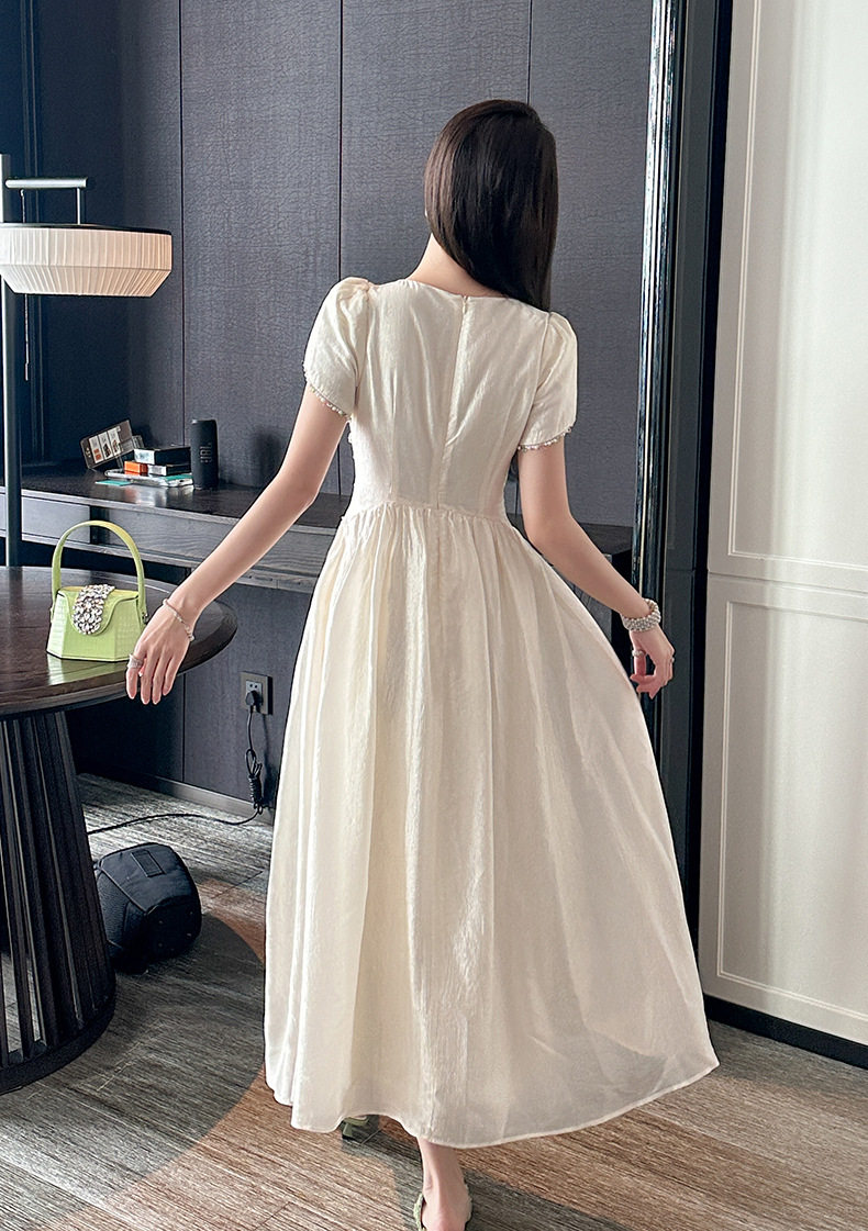 Đầm maxi nữ cổ tròn tay bồng phong cách Pháp — [Màu hồng đào] chi tiết 7