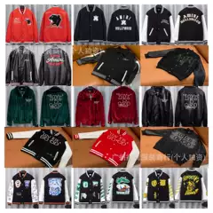 Cross-Border High-End Trendy Brand Leather Embroidered Letter Wool Baseball Jacket for Men and Women American High Street Leather Sleeve Jacket