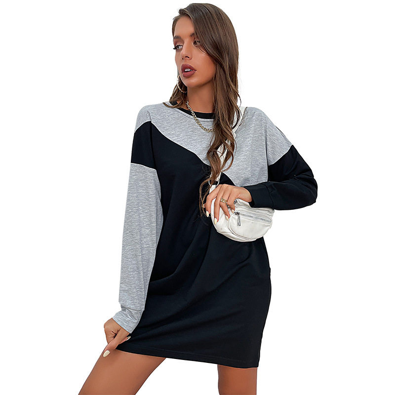 Color Block Long Sleeve Sweatshirt Dress Loose Fit Autumn Style Casual Wear Wholesale Available