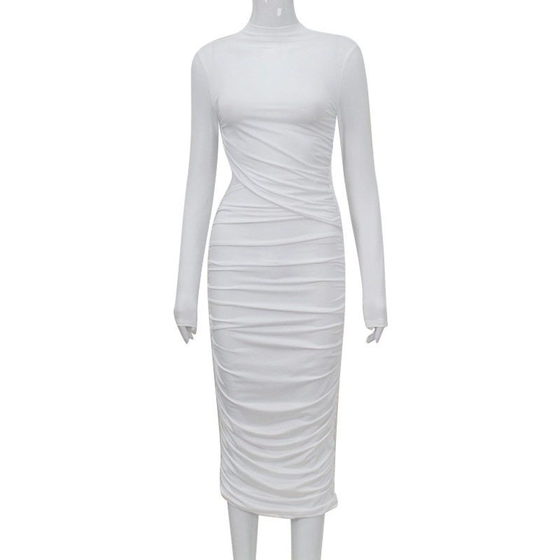 Elegant Bodycon Dress Long Sleeve Hollow Out Ruffled Design Solid Color Spring Fall Occasion Wholesale Available