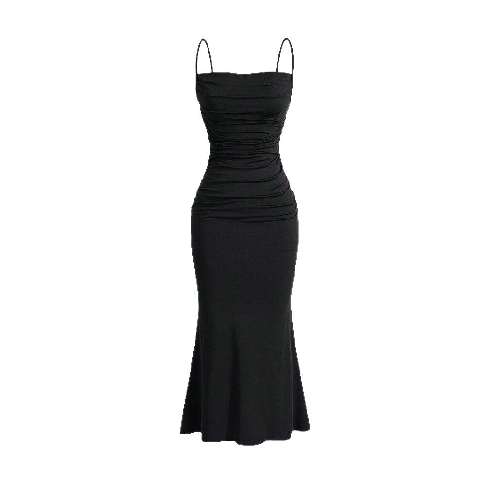 High Waist Bodycon Maxi Dress Adjustable Spaghetti Straps Tie Detail Mermaid Hem Spring Fashion for Elegant Occasions