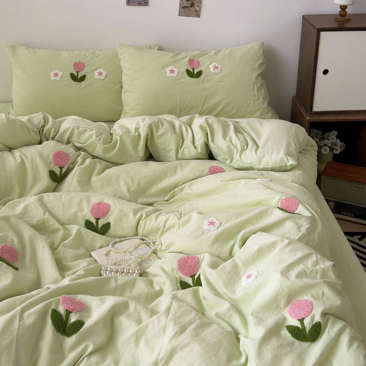 Ins Small Fresh Green Tulip Fragrance Washed Cotton Four-Piece Towel Embroidered Quilt Cover Dormitory Bed Bed Sheets Three-Piece Set