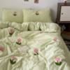 Ins Small Fresh Green Tulip Fragrance Washed Cotton Four-Piece Towel Embroidered Quilt Cover Dormitory Bed Bed Sheets Three-Piece Set