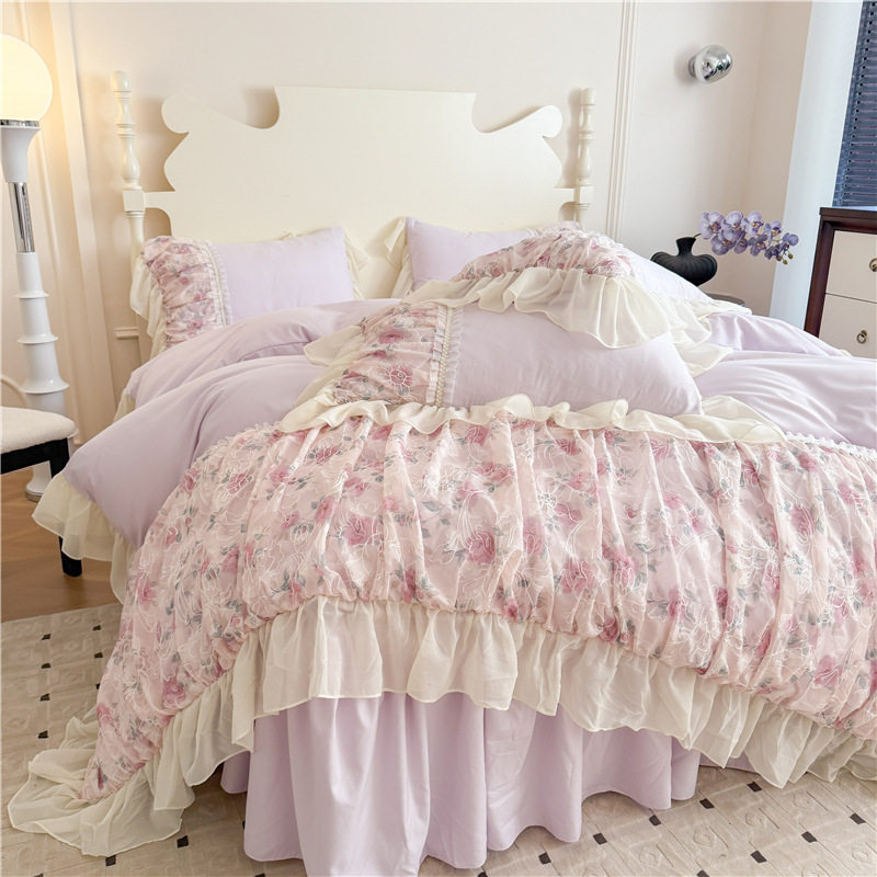 French Princess Style Washing Cotton Bed Four-piece Set Girl's Heart Lace Embroidered Quilt Cover Bed Sheet Three-piece Set