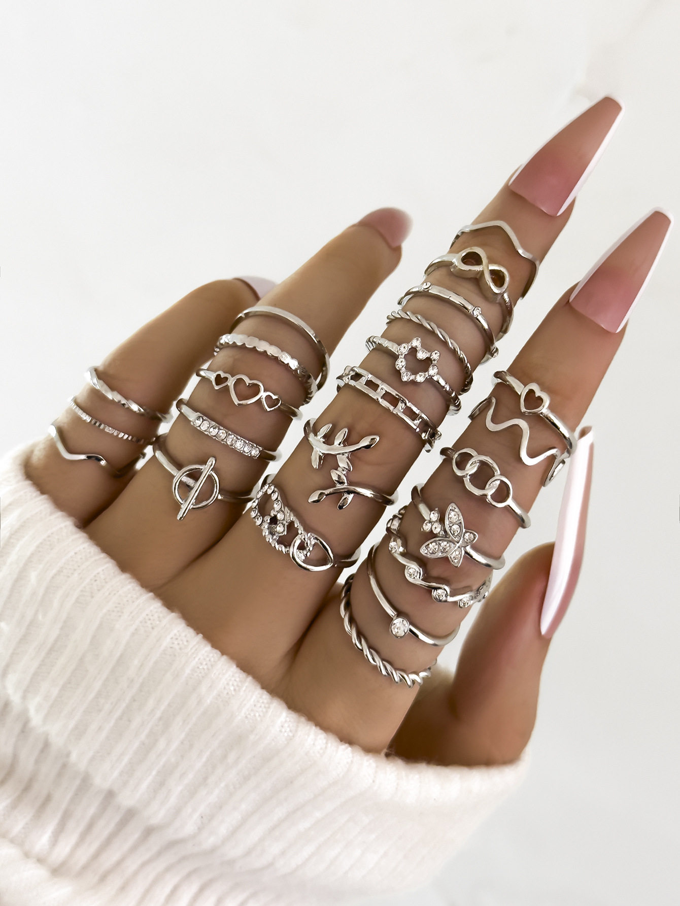 跨境热销滴油蝴蝶仿宝石戒指 多关节戒指套装 21件套镂空爱心指环