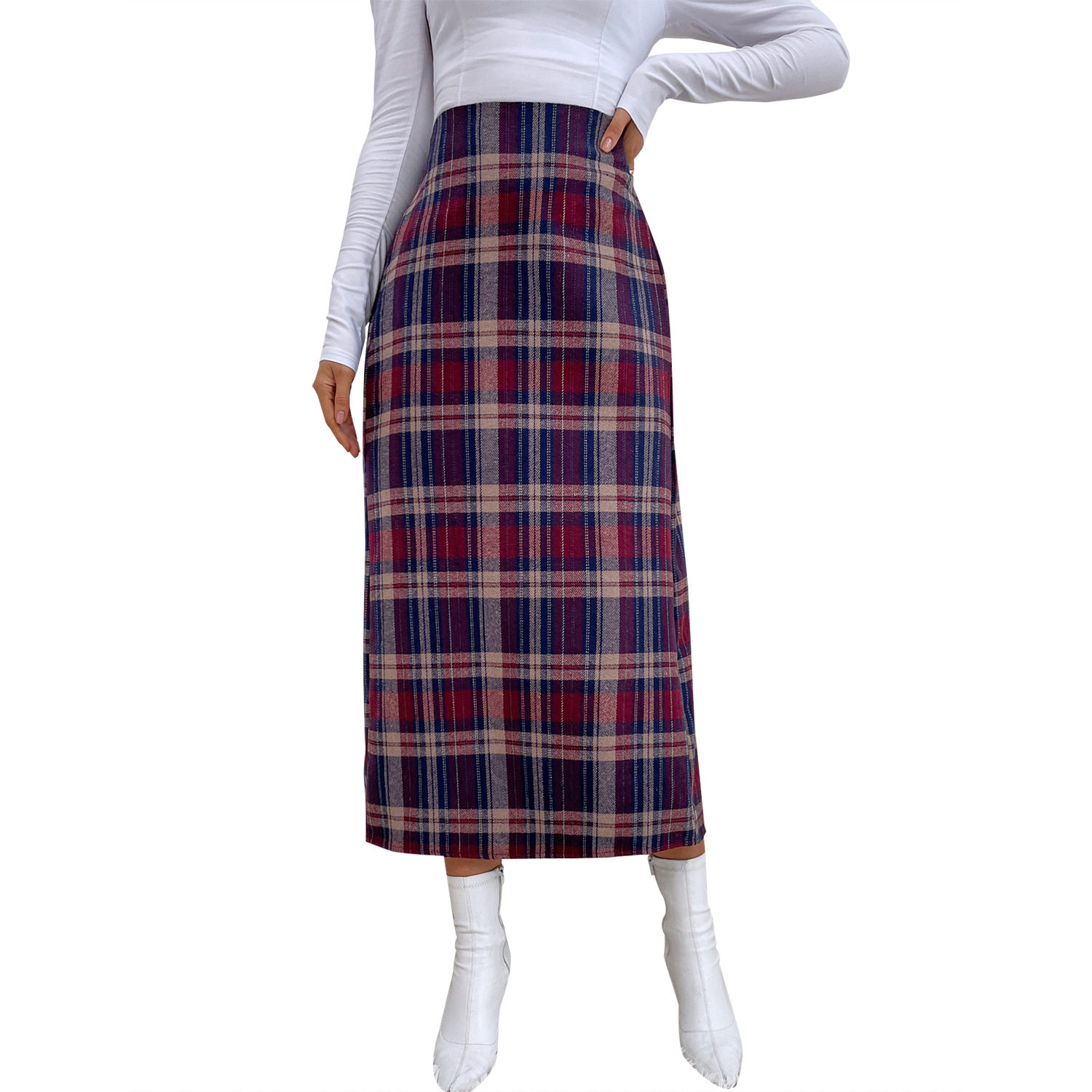 Plaid A Line Skirt Slim Fit Wool Blend Stylish Design Spring Fall Fashion for Women Wholesale Available