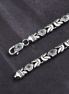 小众银饰男士s925纯银项链霸气精工平安纹绿锆石拼接项链情侣女链