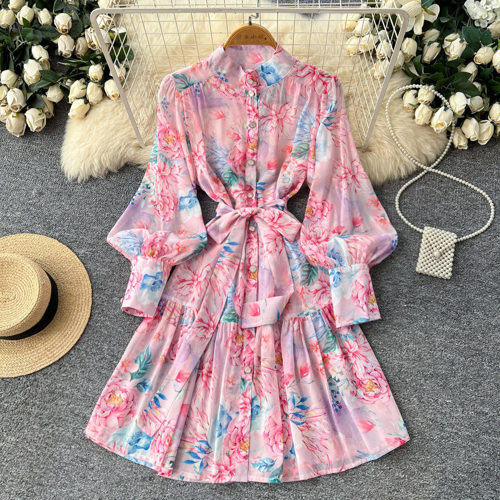 French Style Stand Collar Lantern Sleeve Floral Dress for Women Summer Slim Fit Ruffled Hem A Line Wholesale