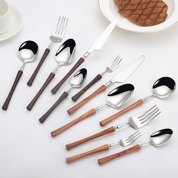 Chicken Wing Wood Handle Small Waist 18/10 Stainless Steel Western Tableware Knife, Fork and Spoon Hotel Thick Dessert Knife, Fork and Spoon Set