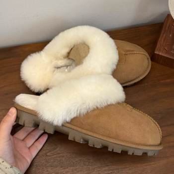 Henan Sangpo Sheepskin Fur Integrated Slippers, Closed-Toe Star Slippers, Thickened Wool Slippers, Home Cotton Slippers for Women, Autumn and Winter Non-Slip