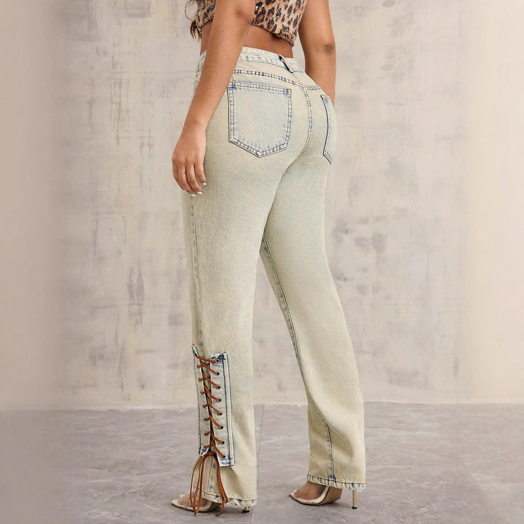 Loose Fit Wide Leg Denim Trousers Tie Decoration Straight Cut Casual Style Wholesale Available