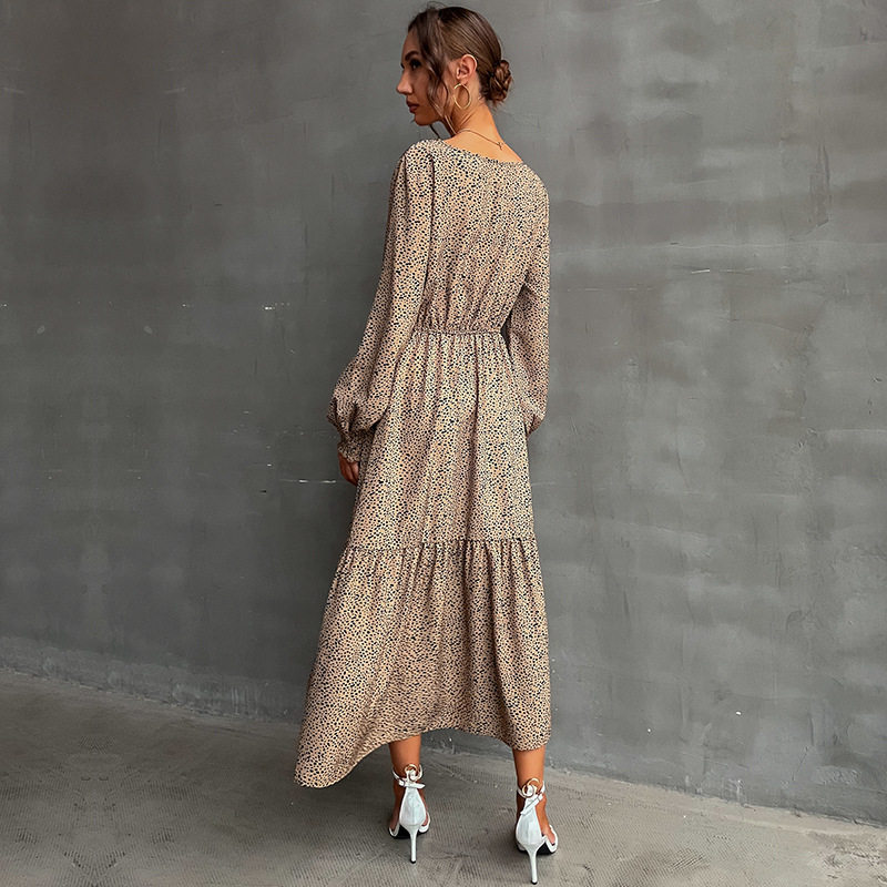 Leopard Print Long Sleeve Maxi Dress Round Neck Fashionable Autumn Winter Wholesale Available