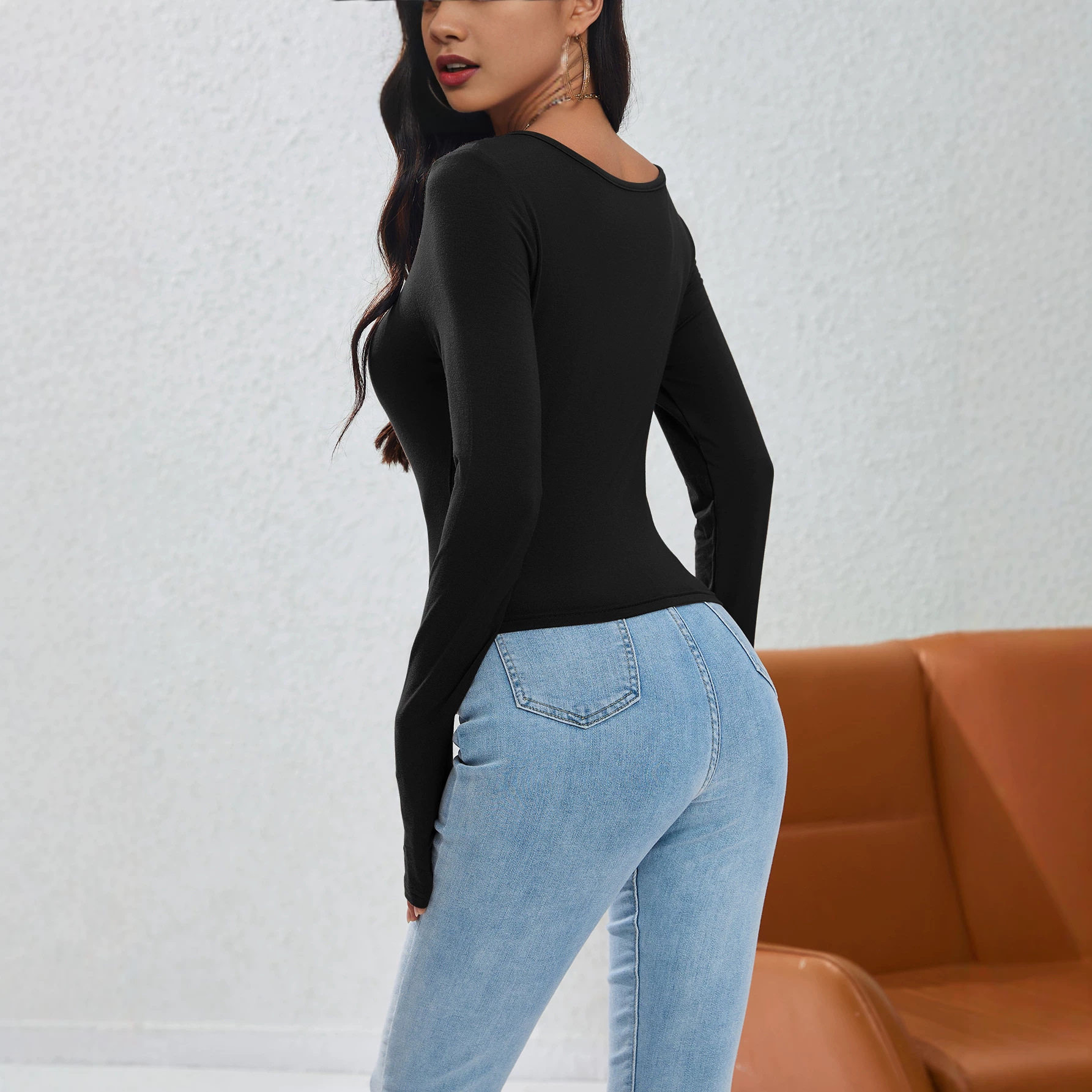 V Neck Hollow Out Long Sleeve T Shirt Slim Fit Solid Color Casual Style Perfect for Everyday Wear Wholesale