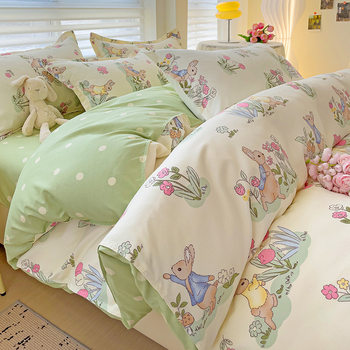 Category a Maternal and Infant Grade Ins Small Fresh Pure Cotton Brushed Four-Piece Set Skin-Friendly Bed Sheetss Washed Cotton Quilt Cover Dormitory Three-Piece Set