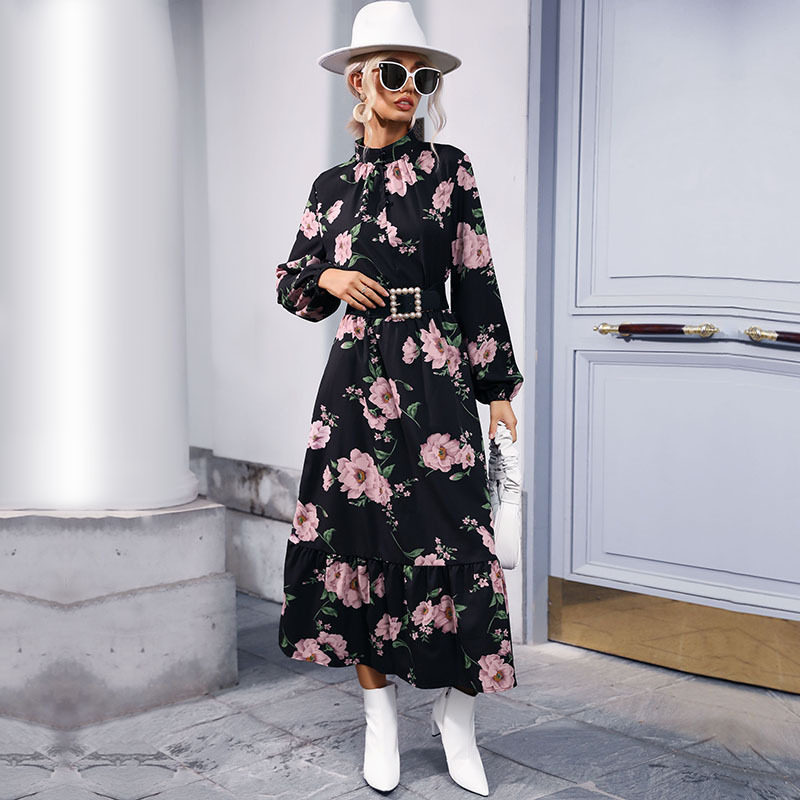 Printed Long Sleeve Maxi Dress High Neck Fashionable Design Autumn Winter Style Wholesale Available