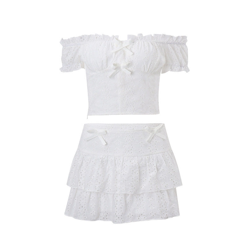 French Style Sweet Puff Sleeve Top and Ruffled Hem Skirt Set Winter Collection Elegant Casual Wear Wholesale Available