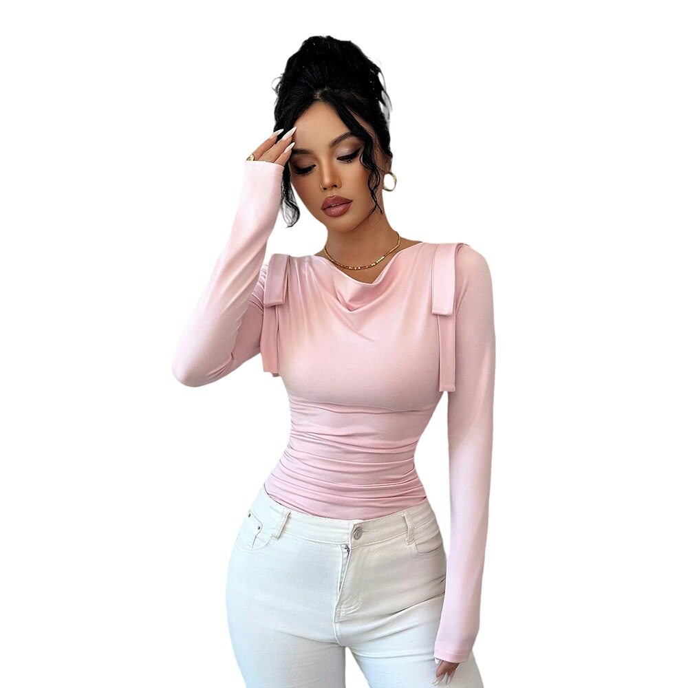 Womens Slim Fit Long Sleeve T Shirt Stylish Solid Color Ruffled Neckline Versatile for Spring and Autumn Wholesale