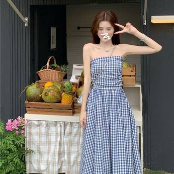 2025 Summer Plaid Strap Tube Top dress Women's French Style High-end Retro Elegant Tight Waist Slimming Vacation Long