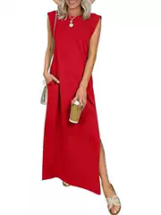 2026 New European and American Style Sleeveless Solid Color Short-Sleeved Long Dress Loose Casual Side Slit Dress Summer Women's Clothing