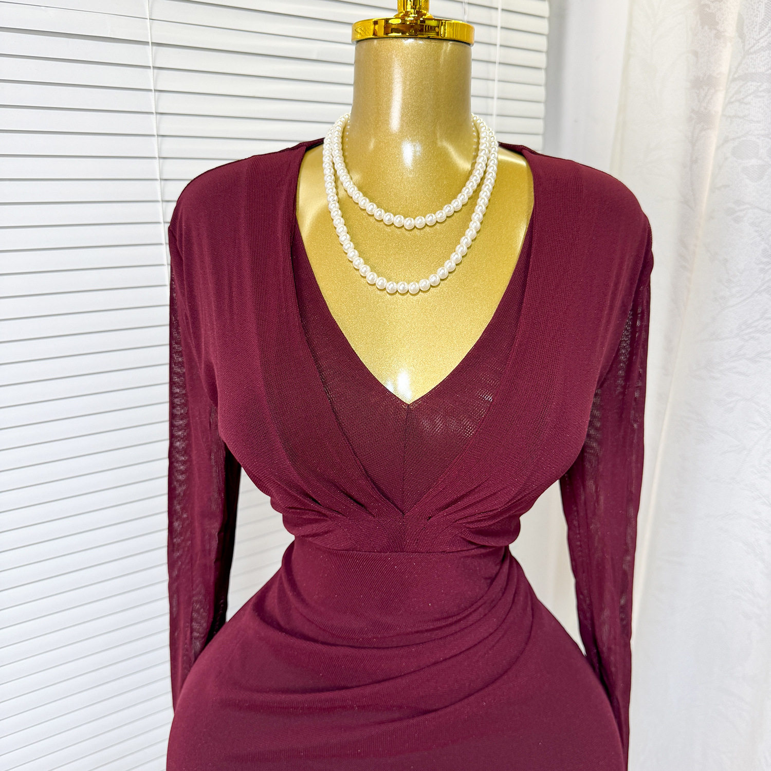 V Neck Bodycon Dress Elastic Mesh Fabric Solid Color Mid Length Spring Fall Fashion Wholesale Available