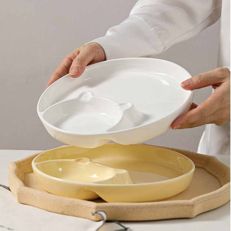 Dumpling Plate with Vinegar Dish, Household Ceramic Dish, Breakfast Divided Plate, High-End Creative Dumpling Special Plate