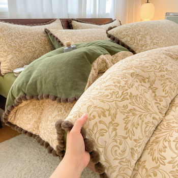 Light Luxury Winter Fully Matte Warm Carved Rabbit Fur Ball Milk Velvet Four-Piece Set Thickened Duvet Cover Bed Sheet Bedding