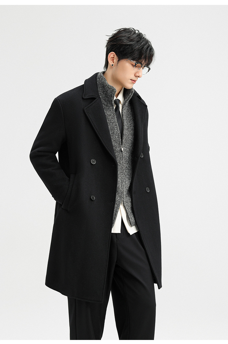 Áo khoác dạ len cashmere nam dáng dài hai hàng khuy mùa đông — Màu Xám (không bao gồm áo vest), Cà phê đậm (không bao gồm áo vest), Cà phê đậm (có áo VEST), Màu đen (có áo VEST)