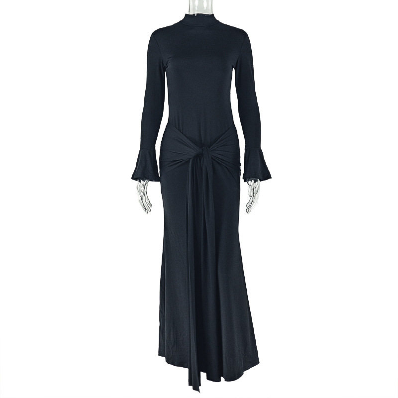 Elegant Long Sleeve Bodycon Dress Solid Color Flared Sleeves Tie Detail High Neck Perfect for Parties and Events