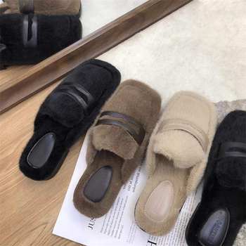 Korean Style Gentle Fleece-Lined Half-Slippers 2025 New Lazy Toe-Toe Furry Slippers for Women to Wear Outside in Autumn and Winter