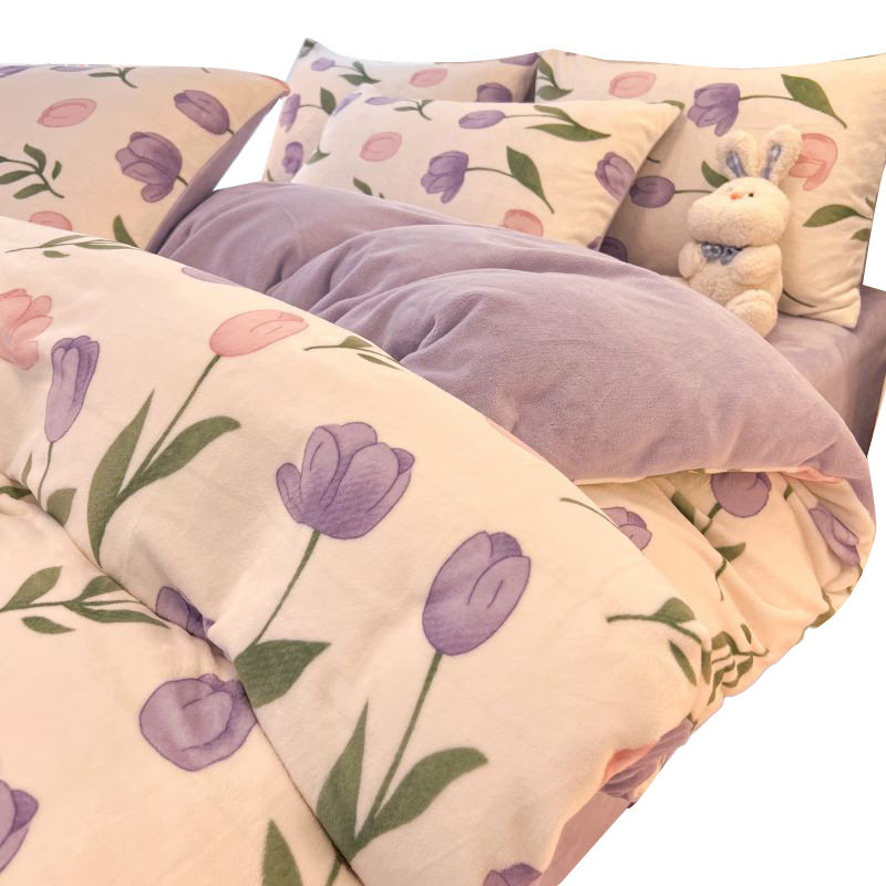 Winter Milk Velvet Four-Piece Set Thickeneded Bed Autumn and Winter Fitted Bed Sheets Fleece-Lined Quilt Cover Coral Velvet Dormitory Bed Bed Sheets Three-Piece Set