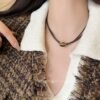 Leather Tiger Eye Stone Necklace for Women, Retro Elegant Sweater Chain, Accessible Luxury Niche Stacking Chinese Style Clavicle Chain Sweatshirt Accessories