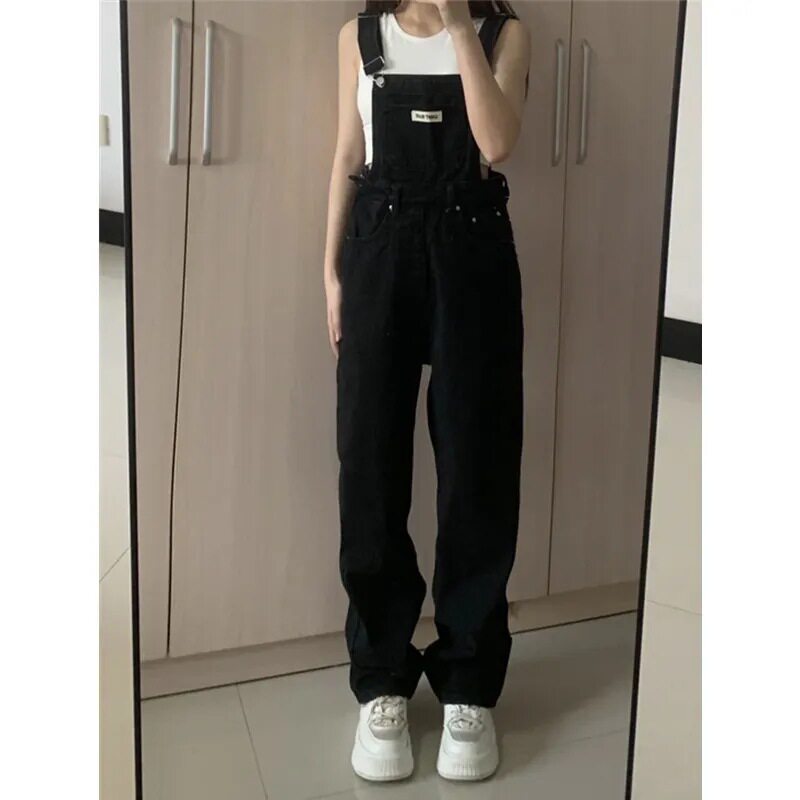 Vintage Black Denim Overalls for Women High Waist Loose Fit Straight Leg Casual Spring Fall Style Wholesale