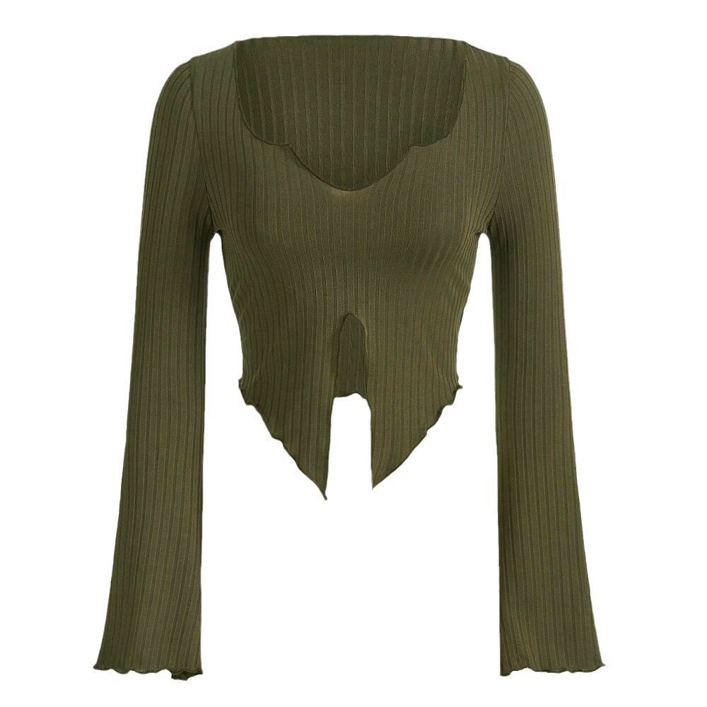 Asymmetrical Hem Long Sleeve T Shirt Slim Fit V Neck Flare Sleeves Spring Summer Womens Fashion Wholesale Available