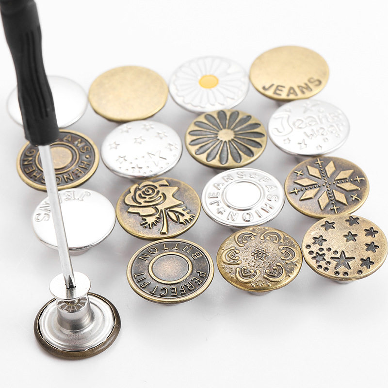 No-Sew Adjustable Metal Buttons for Waist Adjustment on Detachable Jeans with Flat Bottom