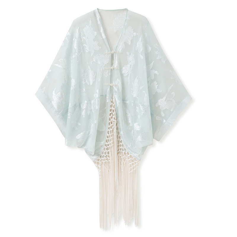 Bộ đầm yếm dài kèm áo cardigan dài tay thêu họa tiết tua rua nữ — Áo cardigan tua rua (giao hàng trong 7 ngày), Áo cardigan tua rua (giao hàng trong ngày), Váy yếm (giao hàng trong 7 ngày), Váy yếm (giao ngay trong ngày)