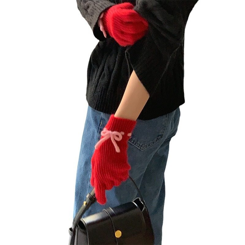 South Korea Ins Cute Wool Knitted Wool Five-Finger Gloves Women's Winter Warm Touchscreen Finger Cycling Trendy
