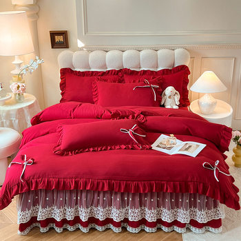 Cross-border soft skin-friendly cotton bow lace princess bed skirt bedspread four-piece dormitory bed sheets three-piece wholesale