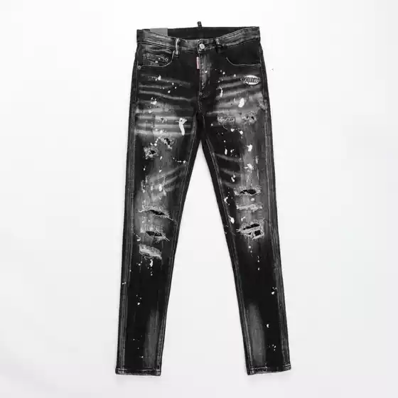 D2 New Style Ripped Personality Jeans with Ink Splatter, Trendy Brand Fashion for Men, Patched, Stretchy, Slim Fit, Skinny Jeans D2