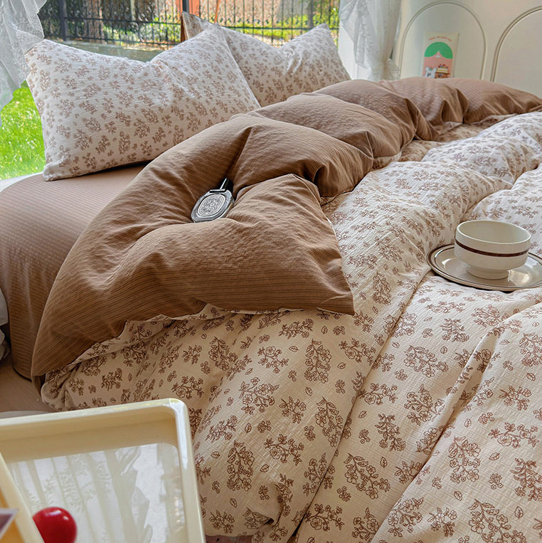 Class A Mother and Infant Grade Washed Cotton Bed Four-piece Set ins Fresh Bed Sheet Quilt Cover Bed Hat Student Dormitory Three-piece Set