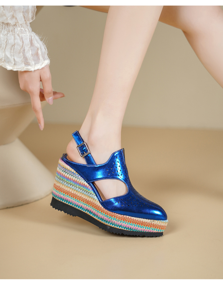 Sandal La Mã nữ da thật gót xuồng 10cm đế bánh mì tăng chiều cao — Màu be, Màu xanh dương