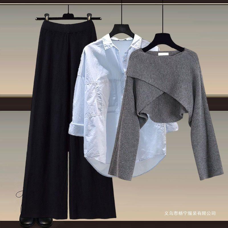 Autumn and Winter Suit for Women 2025 New Large Size Women's Knitted Sweater Women's Fashion Slim Shirt Wide Leg Pants Three-Piece Set