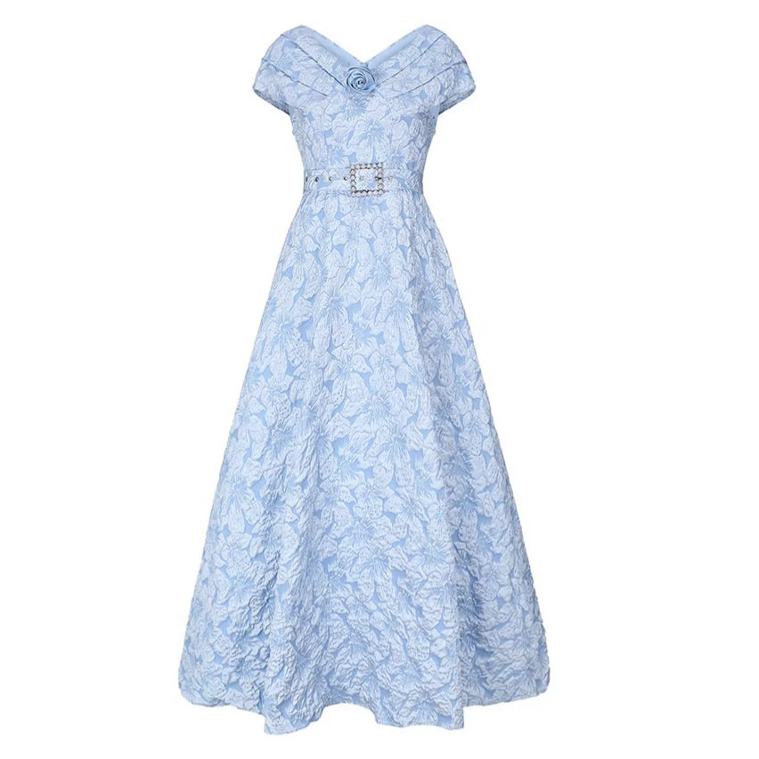 French Style Blue Floral Maxi Dress for Women Summer High Waist Puff Sleeves A Line Silhouette Elegant Casual Wear