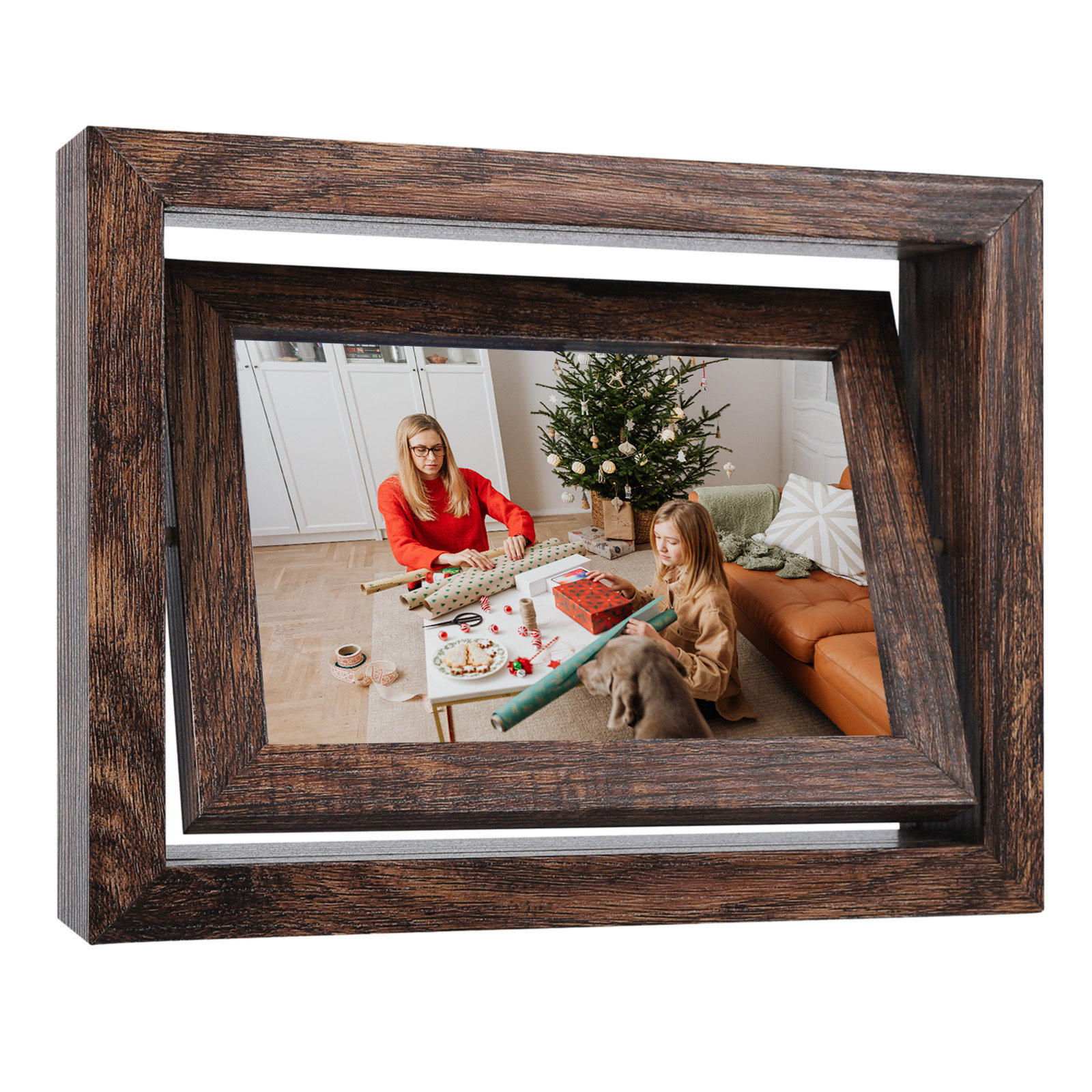 Cross Border Brown Creative Double-Sided Rotating Photo Frame 6 Inch Wooden Frame Set Table for Mother's Day Christmas Gift