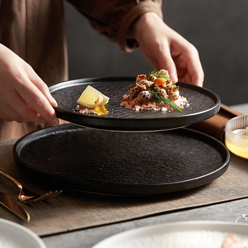 Creative Rock Pattern Ceramic Japanese Style Dish White Home Salad Light Luxury Western Food Dish with Side Commercial Steak Plate