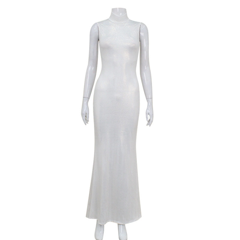Sleeveless High Neck Bodycon Dress Solid Color Mermaid Hem Elegant Fit Perfect for Parties and Formal Events