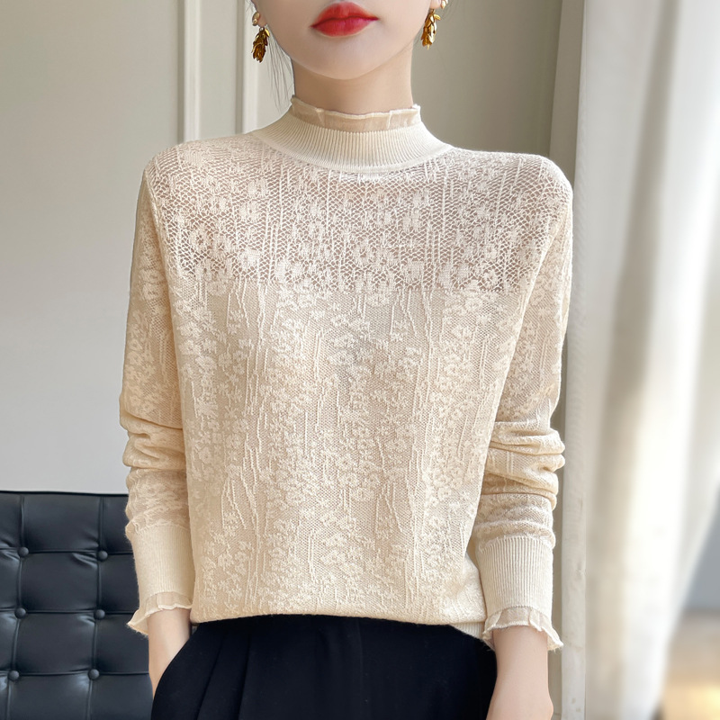 Lace Bottoming Shirt for Women 2024 New Spring & Fall Half Turtleneck Style Knitted Top Plus Size Women's Autumn and Winter Sweater