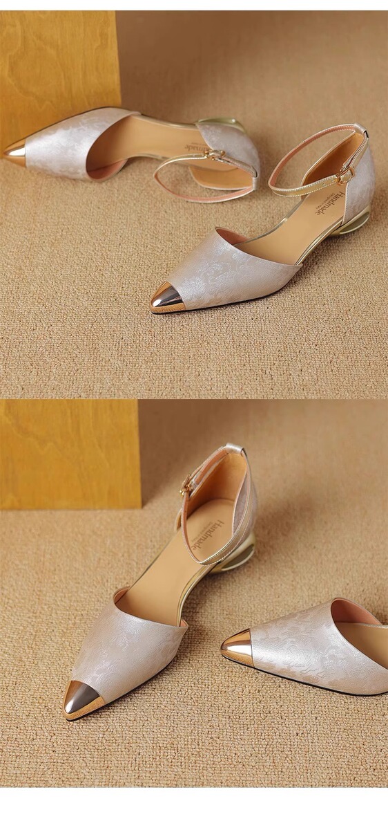 Sandal nữ quai ngang bít mũi mũi nhọn kim loại gót thô 3cm phối cùng áo dài — Màu be, màu đen, Xanh lá cây