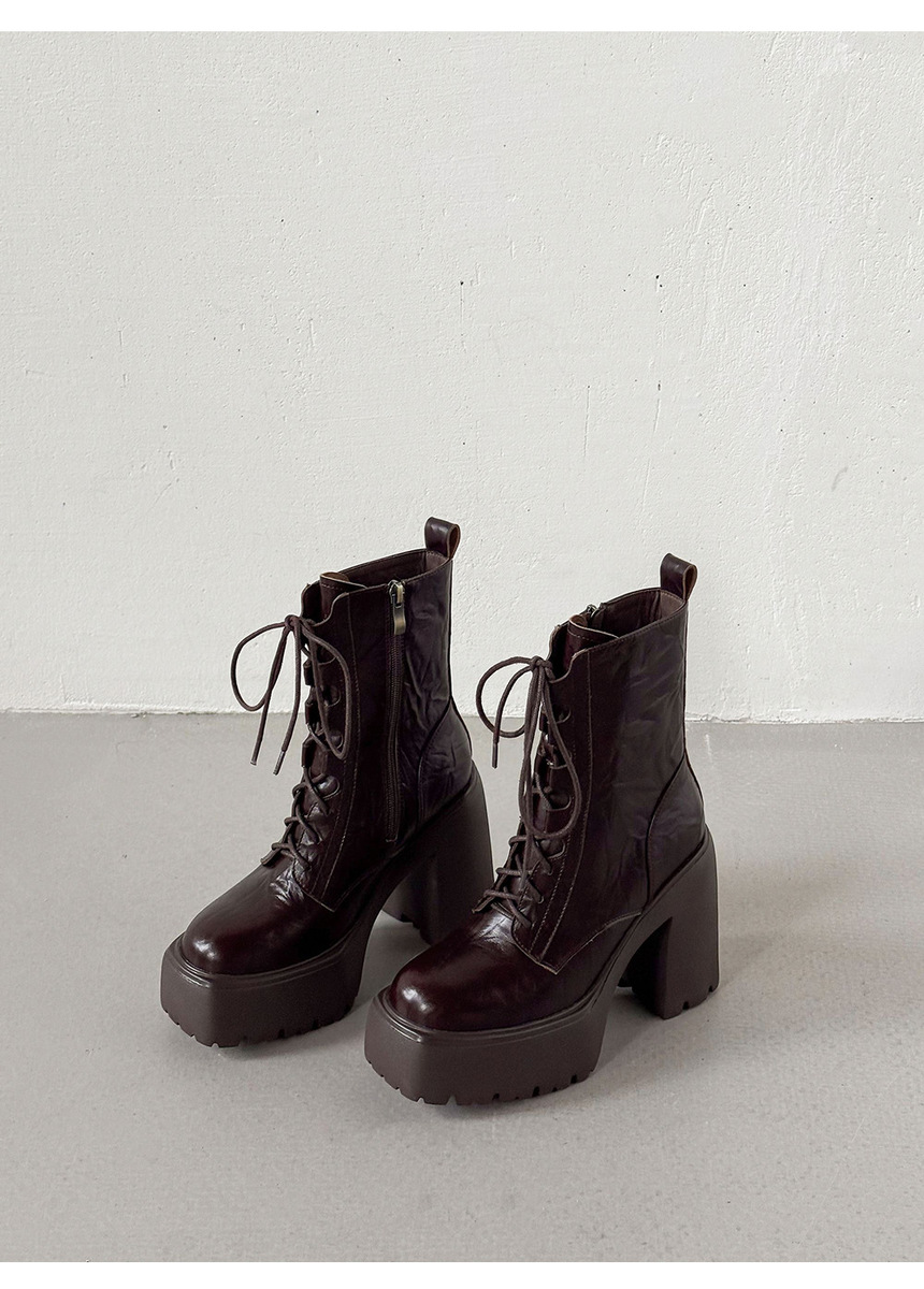 Boot nữ da bò gót thô 12cm cổ thấp khóa kéo bên hông tôn dáng — Lớp lót đơn màu đen, Lớp lót đơn màu nâu, Lót nhung đen, Lót nhung màu nâu
